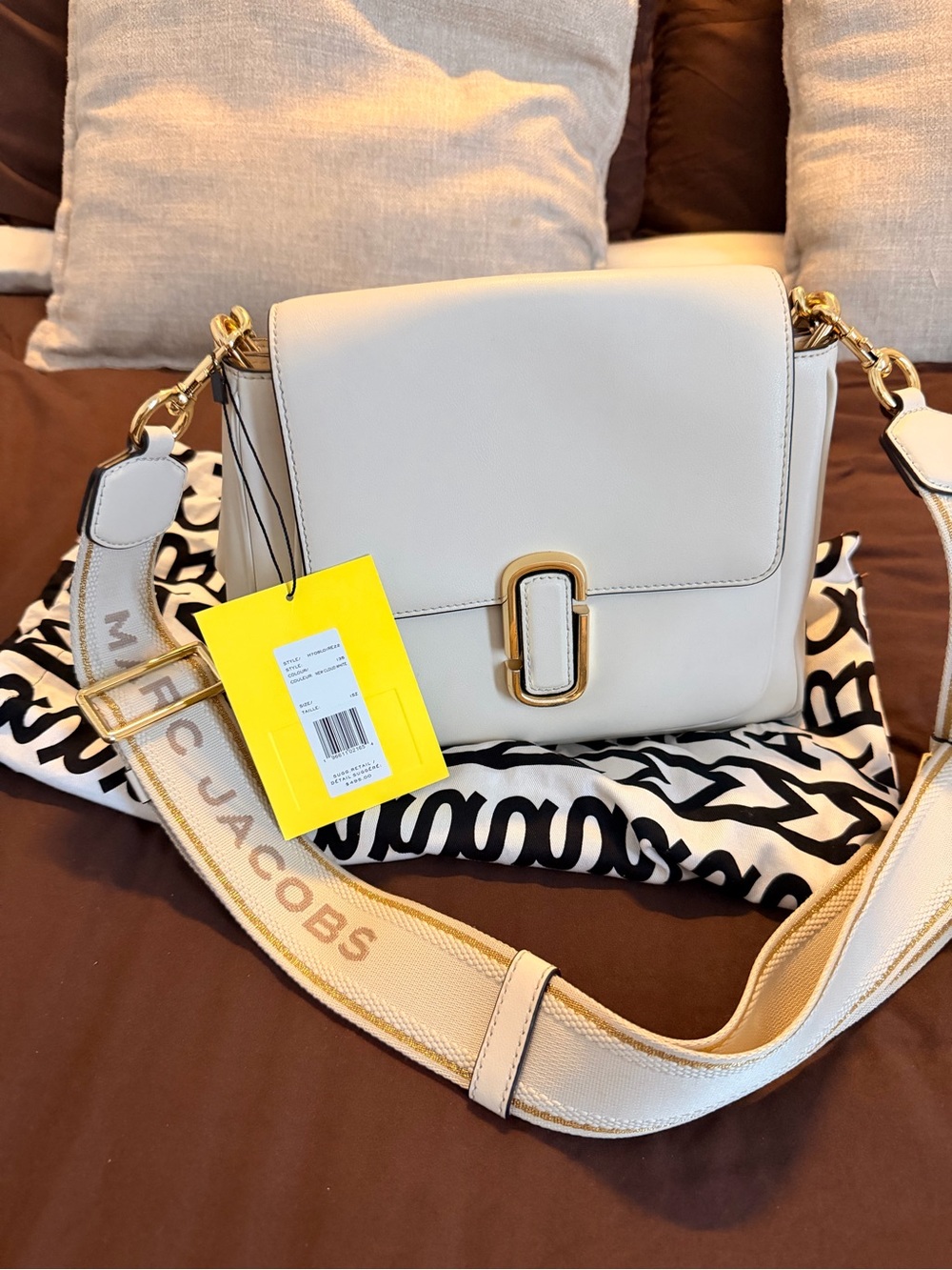 Marc Jacobs Cream Leather Crossbody with Gold Hardware and Logo Strap